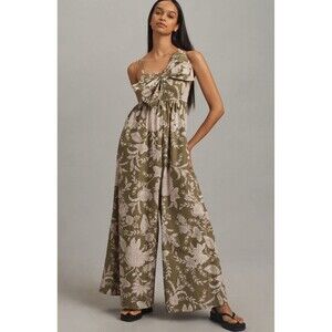 Anthropologie Hutch Jumpsuit Green Floral Poplin Bow Boho Retro Vacay Large NWT